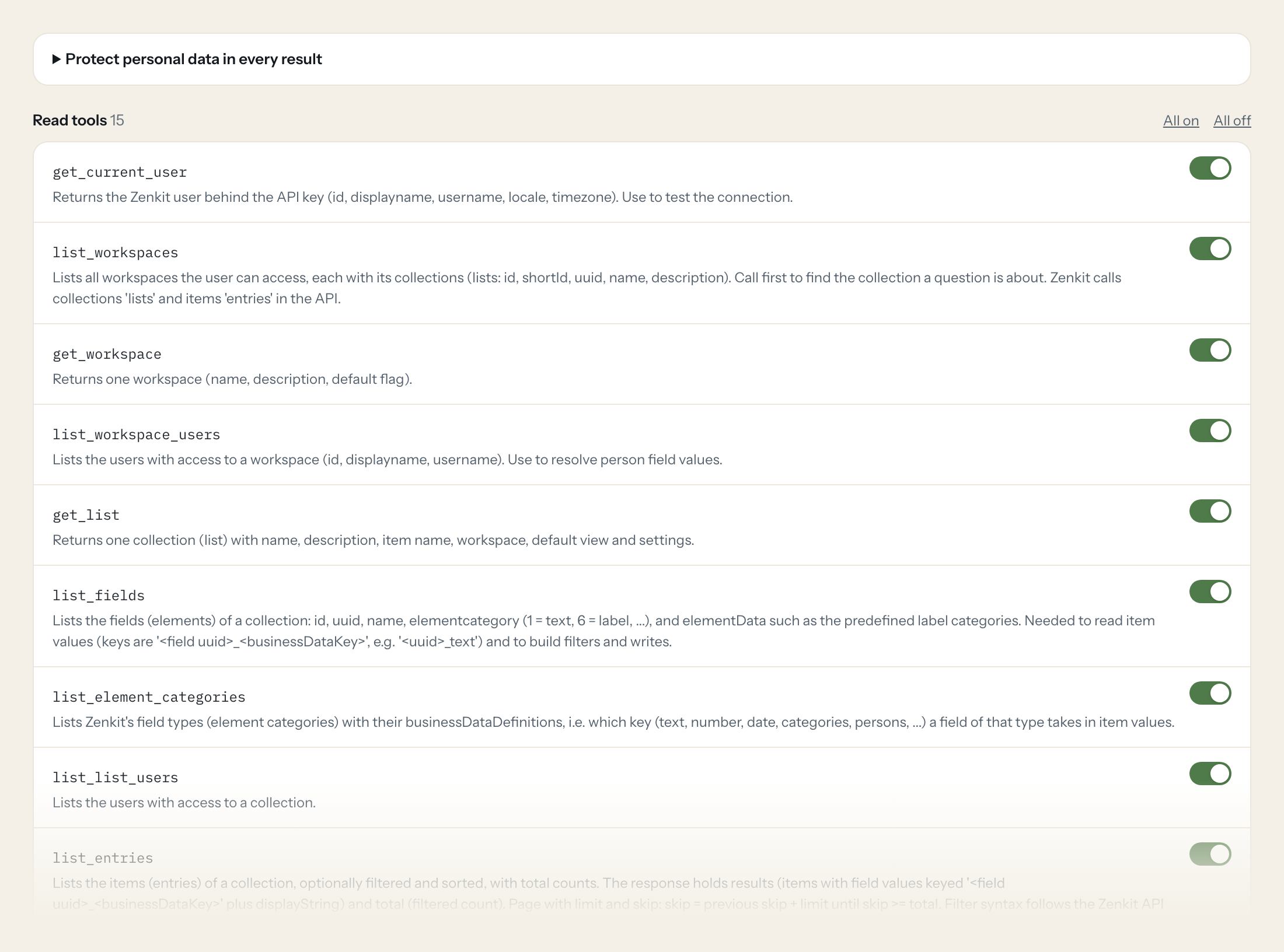 The Tools tab of the Zenkit server in Loopthink: each tool with its own switch